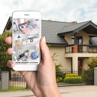 Blacksburg vivint phone display of cctv live feed in front of a house